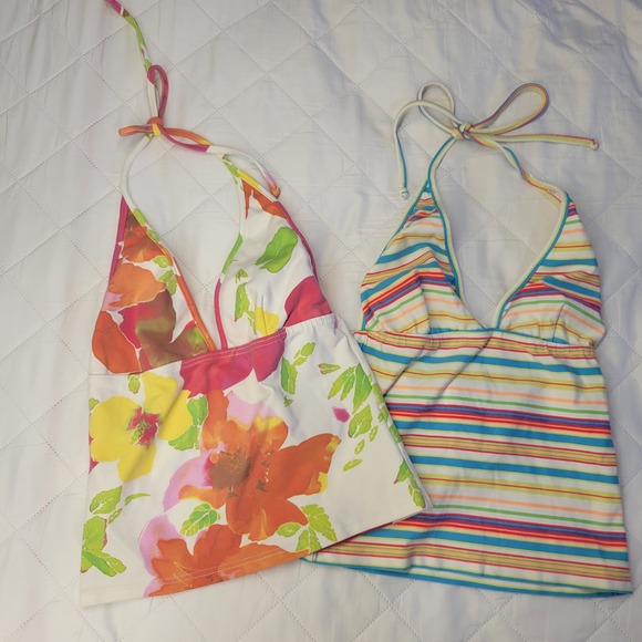 Morey Other - Vtg Morey Kids Halter Tankini Swim Tops Set of 2 Floral Striped Multicolor